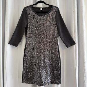 Gray Sequin Front Shift Dress 3/4 Sleeve Party Mini Medium